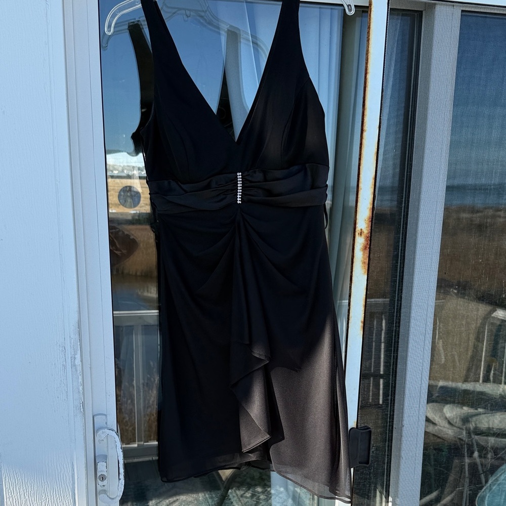 Blu Sage Elegant Black Draped Mini Dress with front ruffle